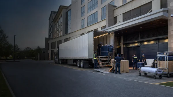 Commercial logistics crew unloading hotel furniture and equipment from a full-size truck at a hotel receiving entrance