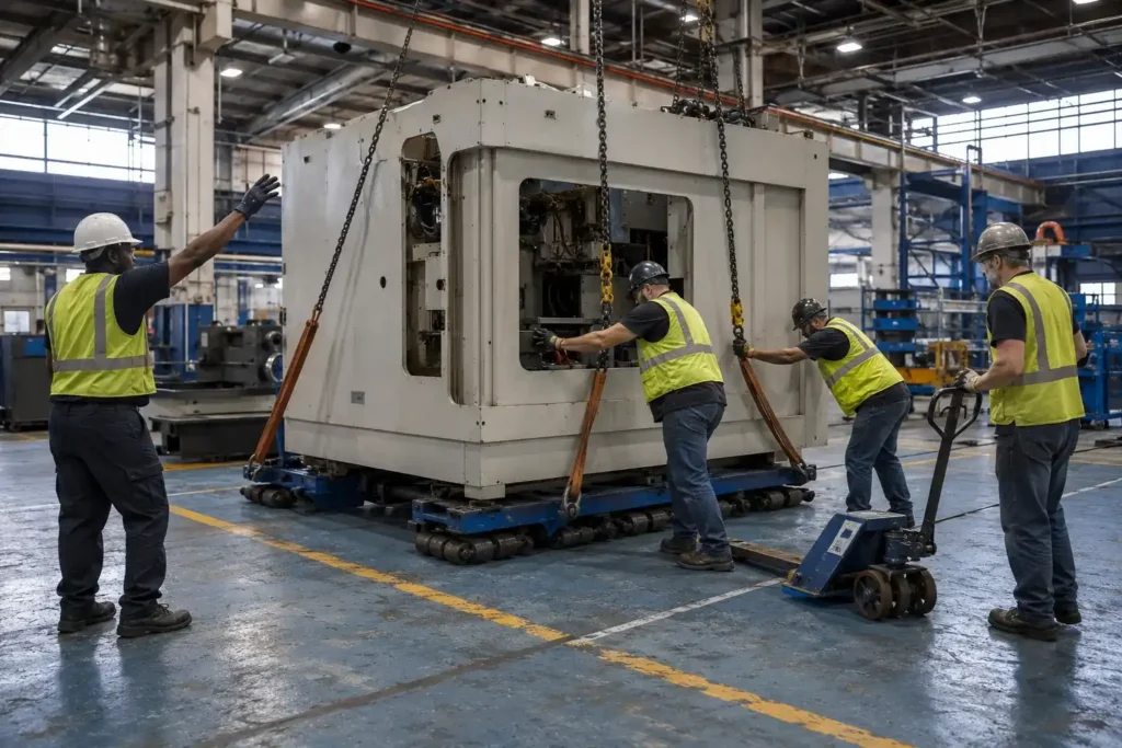 Flood Brothers crew coordinating a heavy machinery move during a manufacturing plant relocation