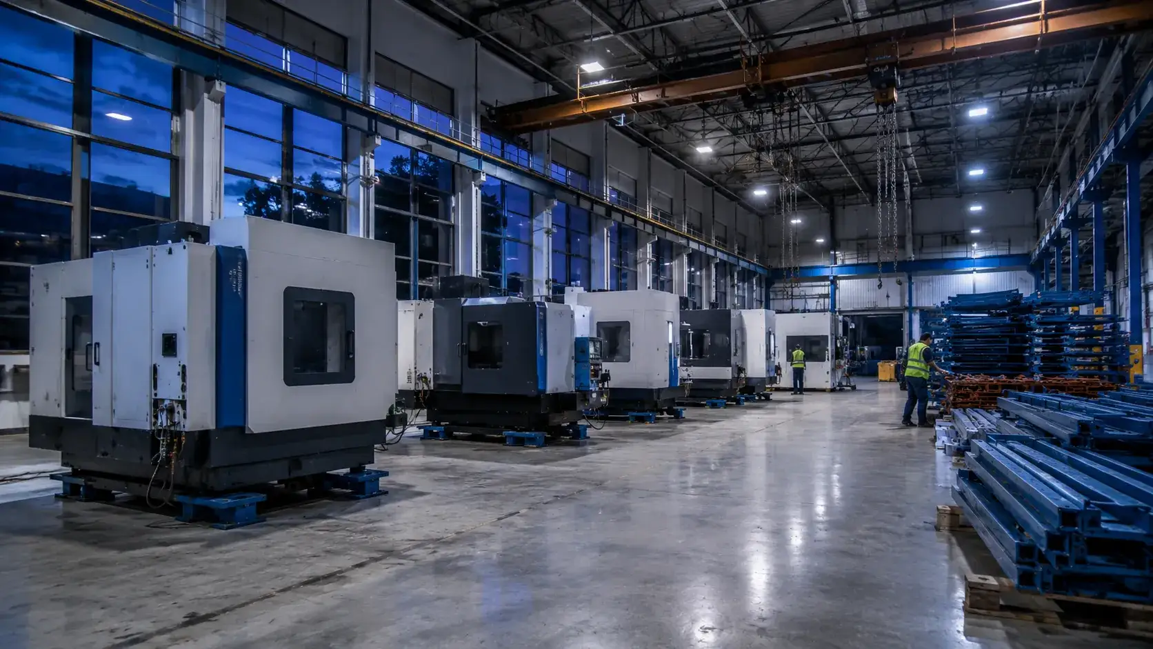 Workers moving heavy equipment and racking inside an industrial facility after hours