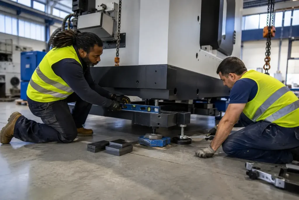 Flood Brothers in-house riggers moving and re-leveling heavy production machinery at a new facility