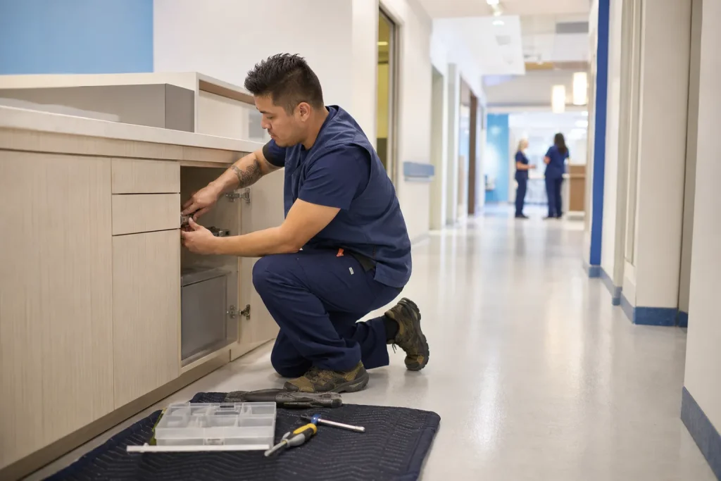 Installer assembling nurses station cabinetry in an active hospital corridor