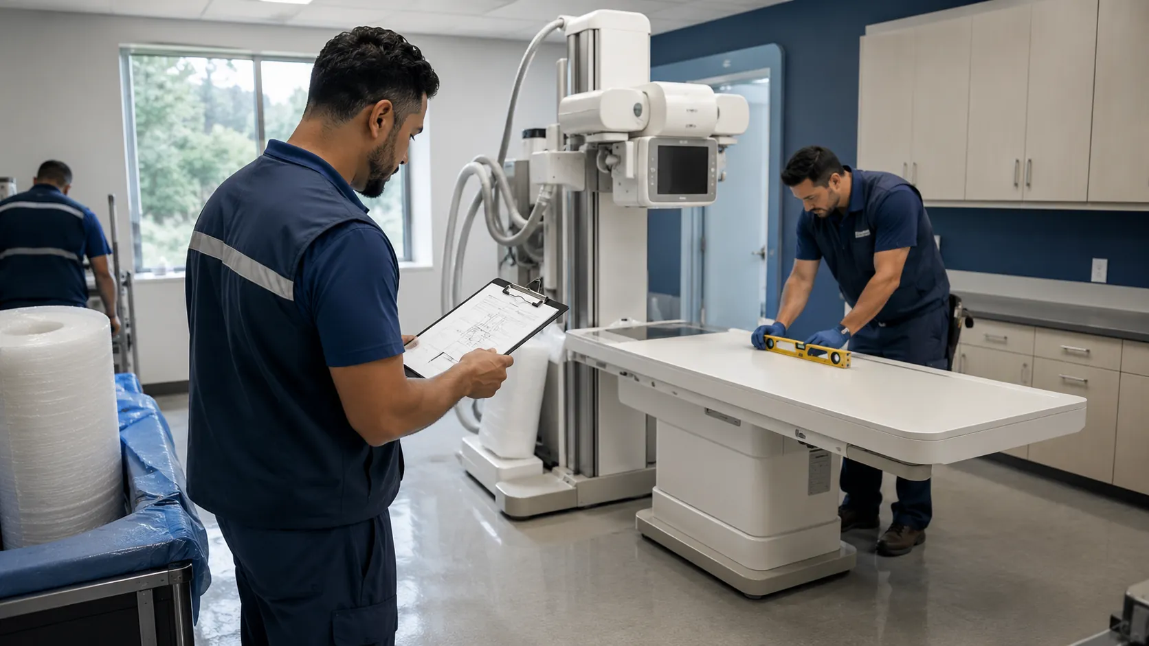 Installation crew positioning a large diagnostic imaging unit in a bright, modern clinical exam room
