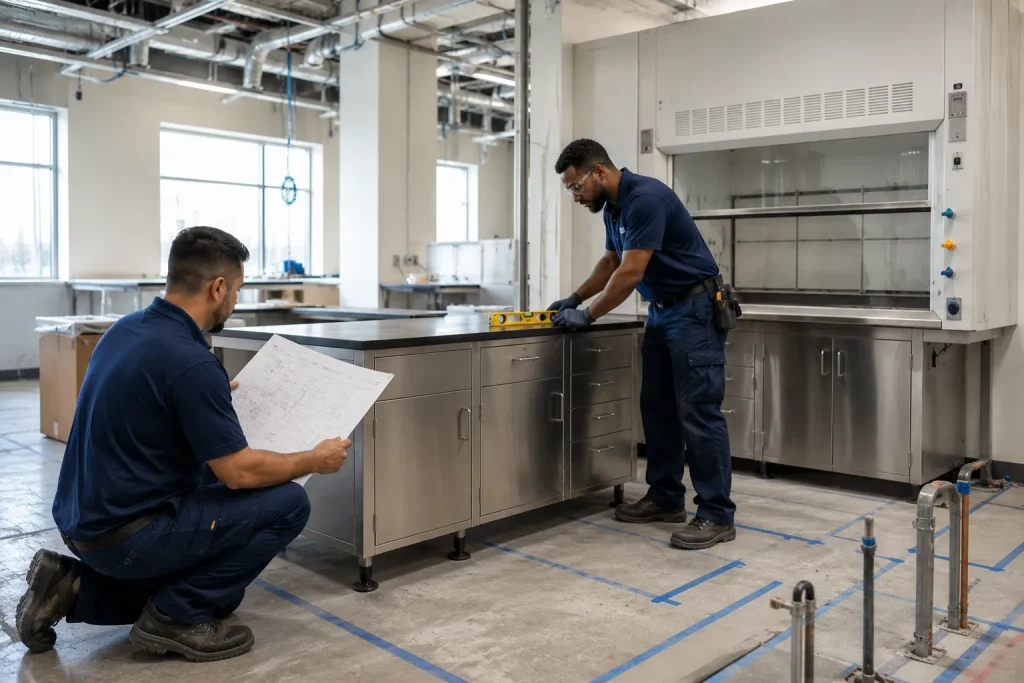 Installers positioning a lab bench and fume hood in a research lab space