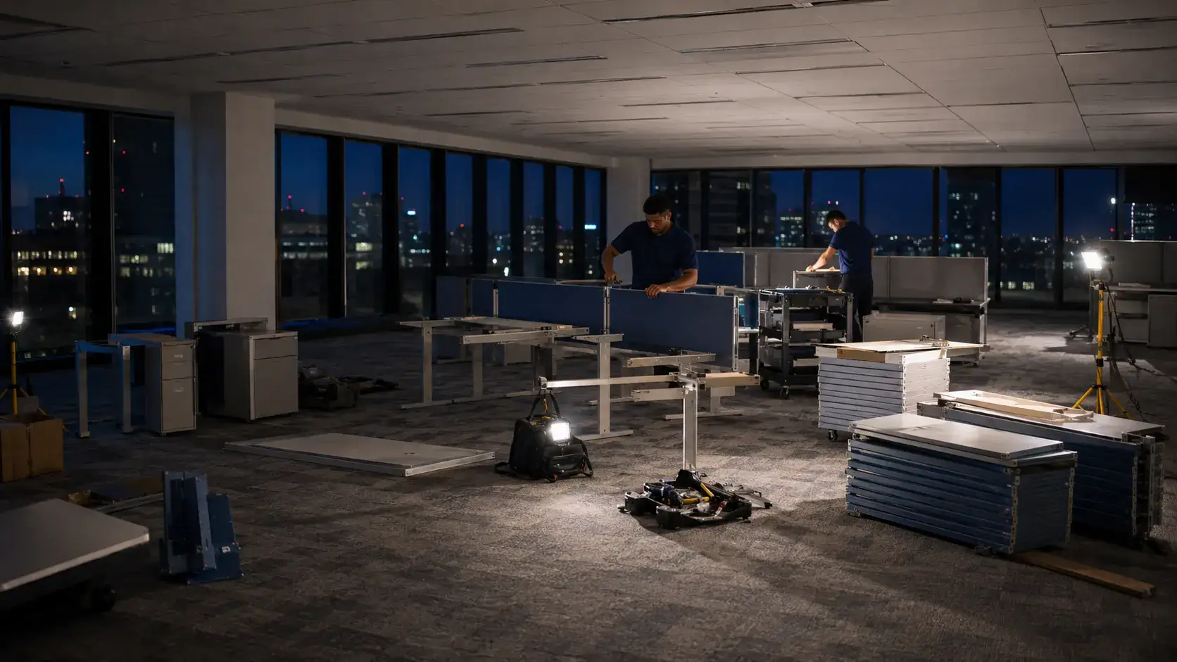 After-hours office furniture installation in progress on an empty corporate floor