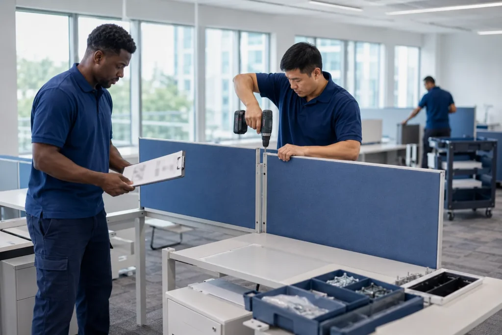 In-house Flood Brothers crew assembling office workstations to manufacturer drawings during an install