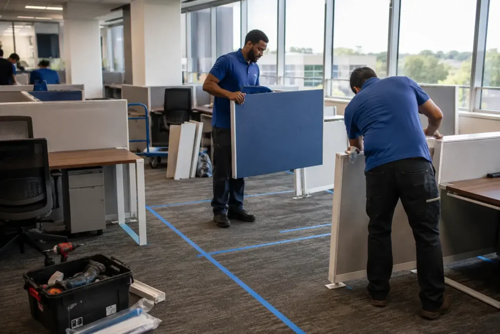 Flood Brothers crew reconfiguring office furniture for a growing team
