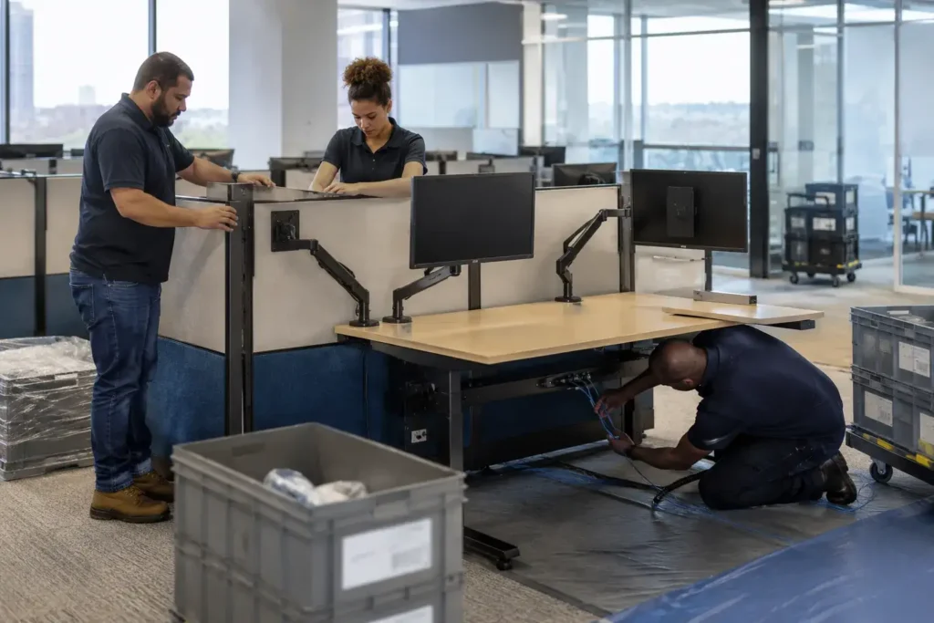 Flood Brothers crew reinstalling office workstations during a corporate relocation