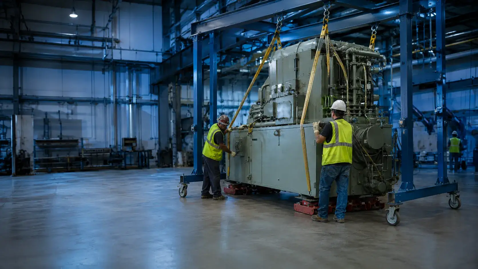 Flood Brothers crew rigging heavy machinery on a complex project