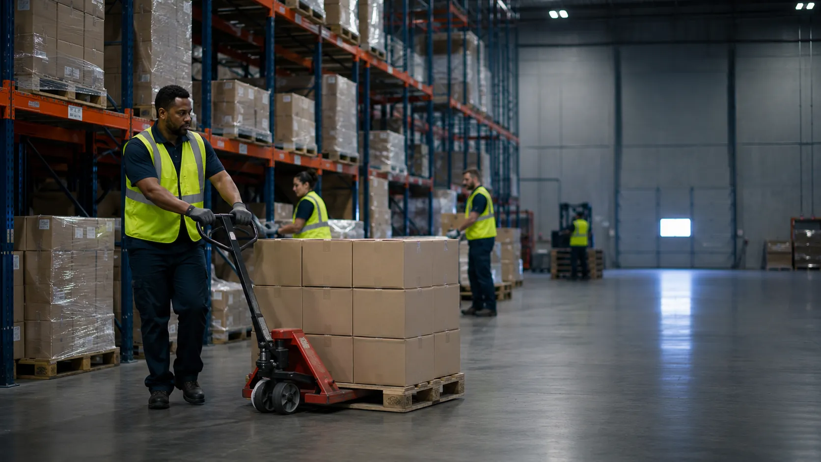 Flood Brothers crew working in a racked commercial warehouse
