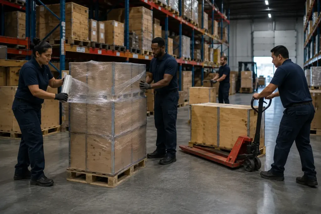 Flood Brothers crew staging a commercial move in a racked warehouse