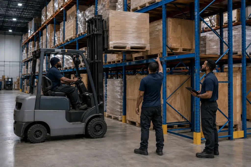 Flood Brothers racked commercial warehouse storage with crew