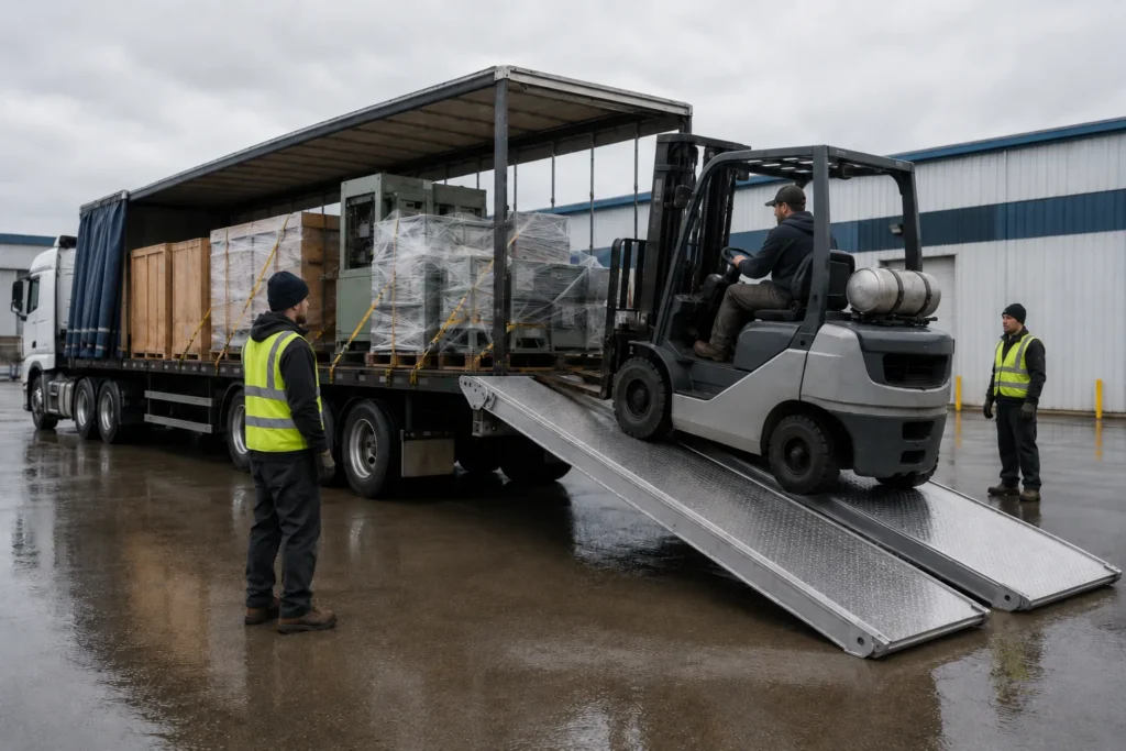 Flood Brothers rigging crew relocating warehouse forklifts and material-handling equipment