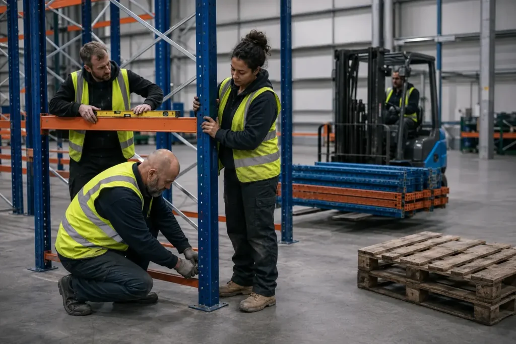 Flood Brothers crew installing pallet racking during a warehouse relocation