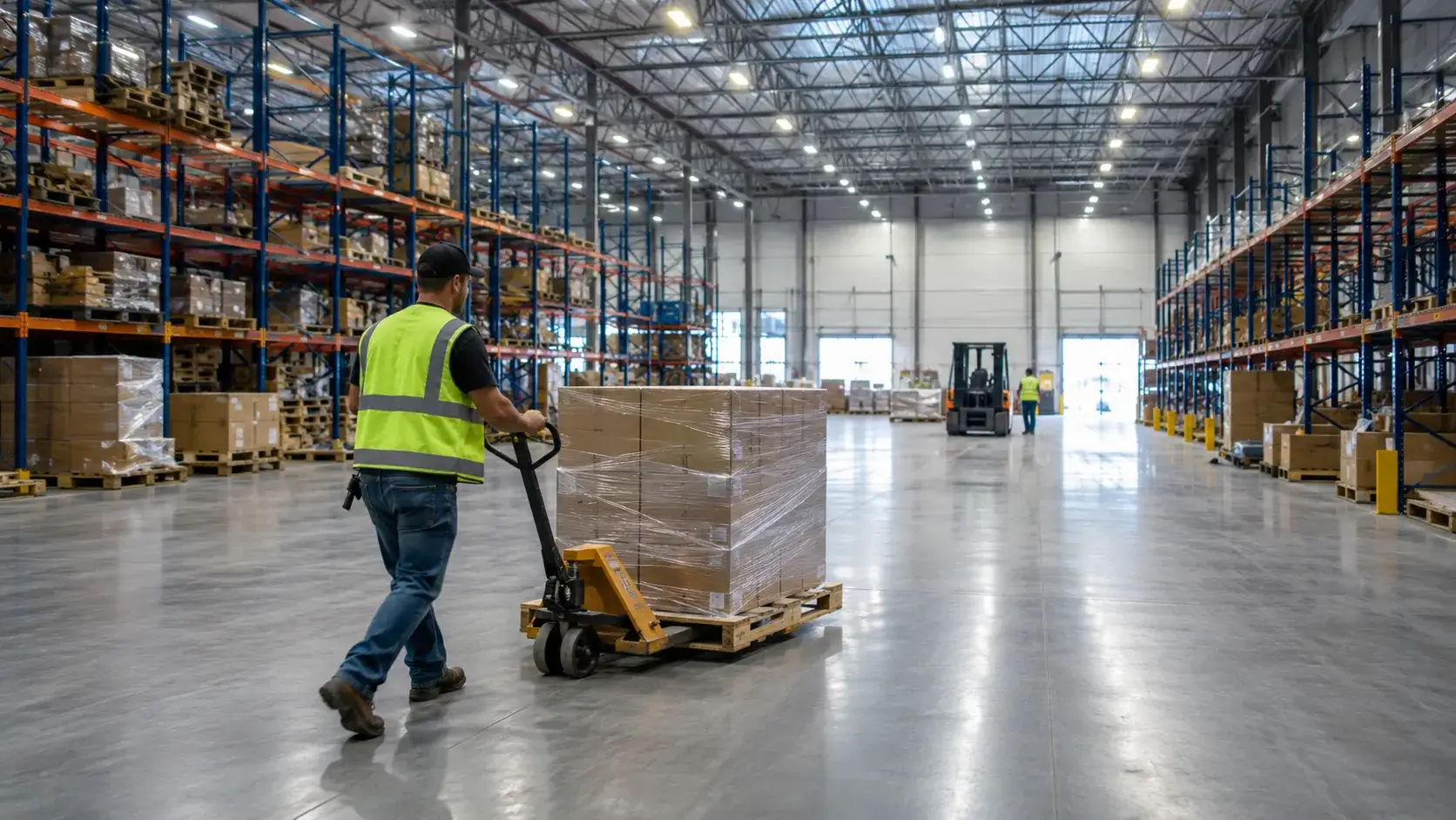 Warehouse worker moving product on the floor of an active distribution center during a phased relocation