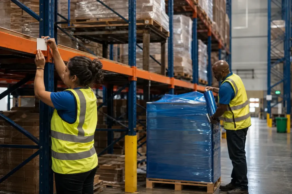 Warehouse workers beside high-density racking inside a distribution center being prepared for relocation