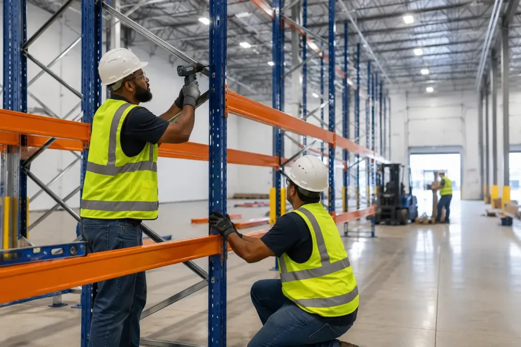 Flood Brothers in-house crew reassembling racking and aligning equipment at a new distribution center
