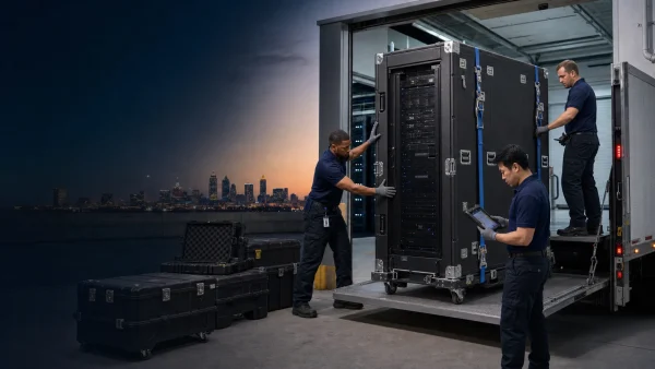 Technicians moving a protected server rack during an Atlanta data center relocation