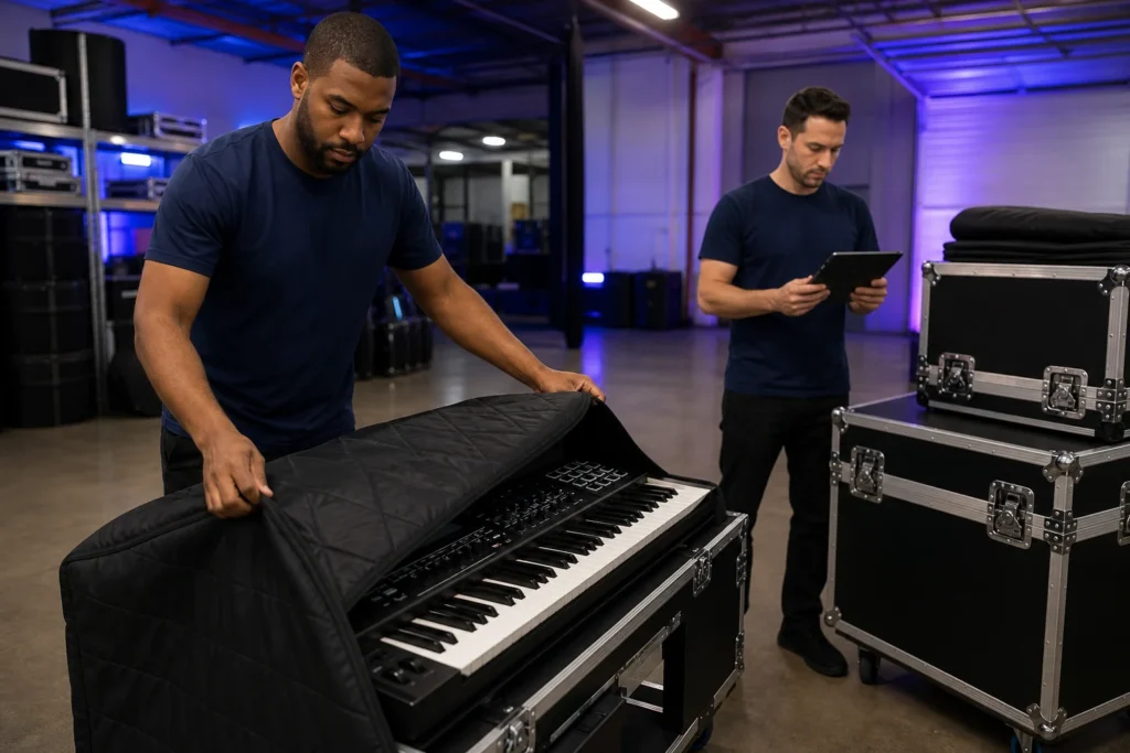 Flood Brothers crew loading cased backline and road cases for an Atlanta tour launch