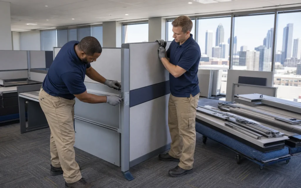 Flood Brothers crew disassembling office workstations during a decommissioning project in an Atlanta high-rise