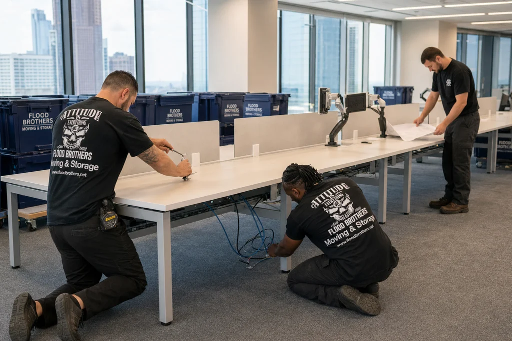 Flood Brothers in-house crew reassembling matching office workstations in an Atlanta high-rise