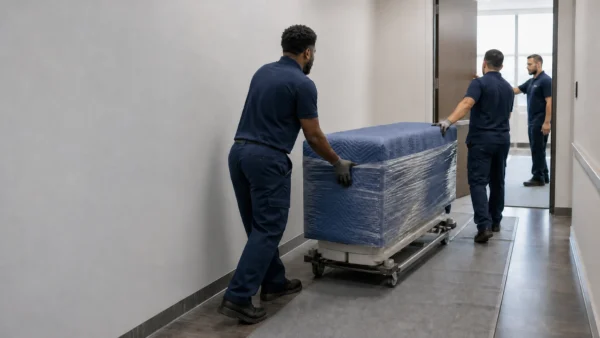 Movers rolling a protective-wrapped medical exam table down a Charlotte medical office building corridor