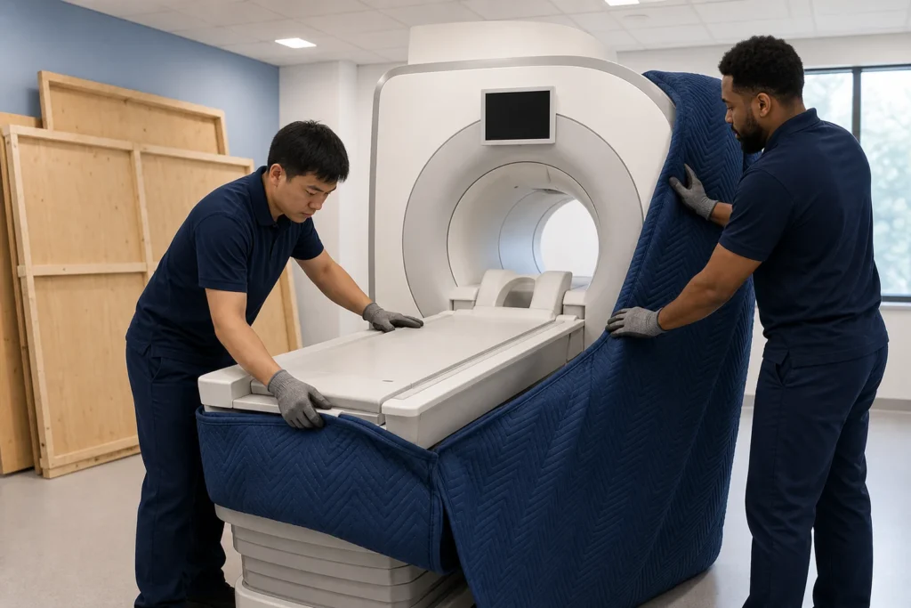 Crew padding and crating diagnostic imaging equipment inside a Charlotte clinical room