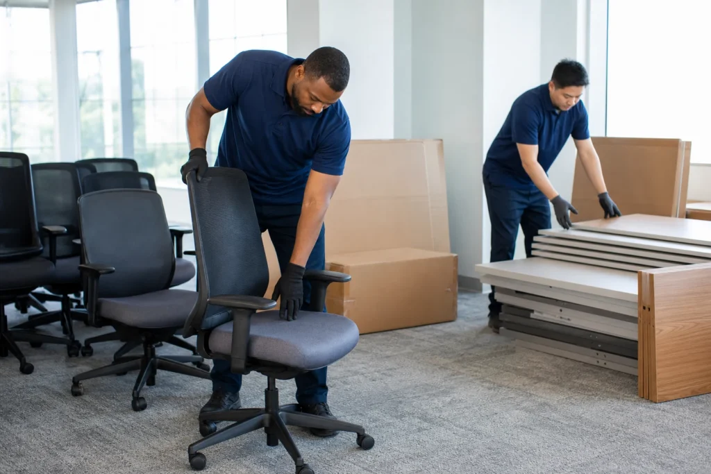 Crew sorting office chairs and desk components for resale and donation during a Charlotte office decommissioning