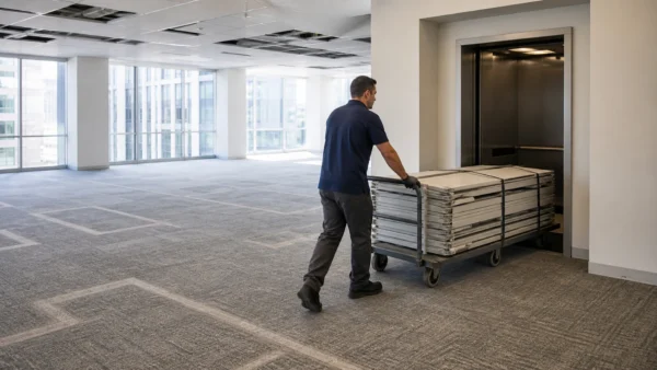 Worker moving stacked workstation panels toward the freight elevator on a cleared Charlotte office floor at lease end