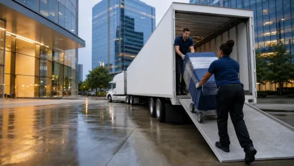 Flood Brothers crew loading protective-wrapped office furniture into a semi trailer outside a Charlotte office tower at dusk