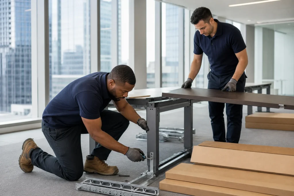 Installers reassembling bench-style office desks on an empty Charlotte office floor after a weekend relocation