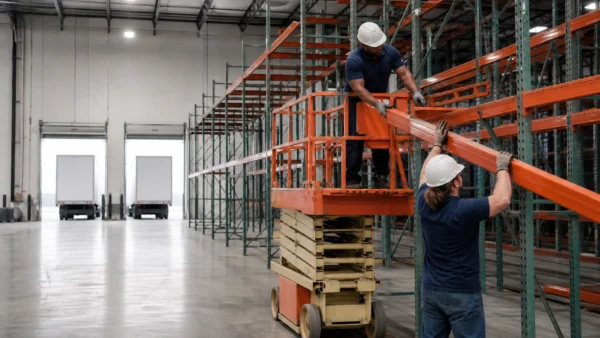 Crew dismantling selective pallet racking inside a Charlotte area distribution warehouse