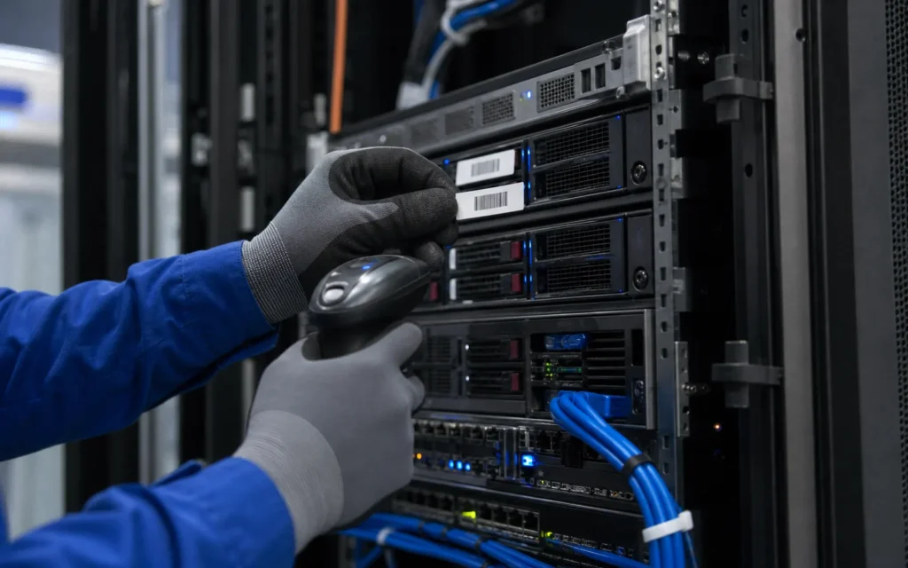 Flood Brothers technicians labeling server racks inside a Chicago data center before transport