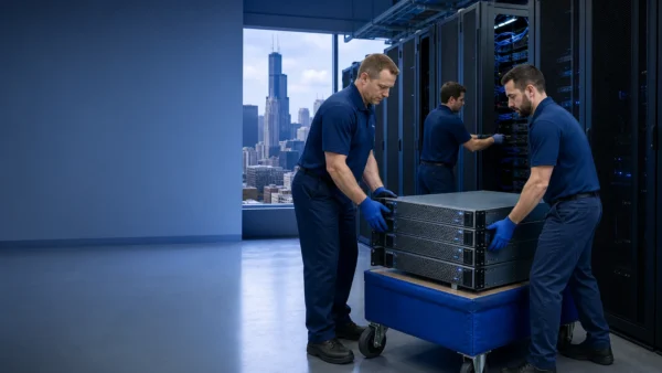 Flood Brothers technicians relocating server racks in a Chicago data center