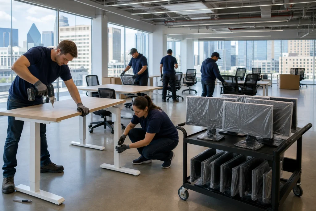 Crew assembling desks and setting task chairs in a newly finished Dallas office space