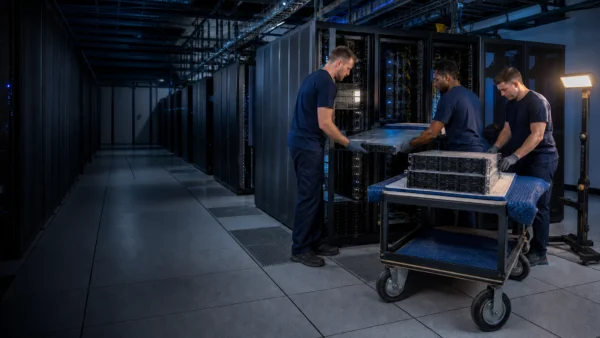 Flood Brothers crew de-racking server equipment onto a padded cart in a Dallas data center cold aisle