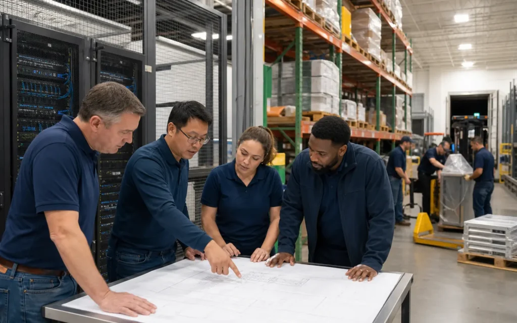IT and warehouse leaders reviewing a coordinated Dallas facility relocation plan