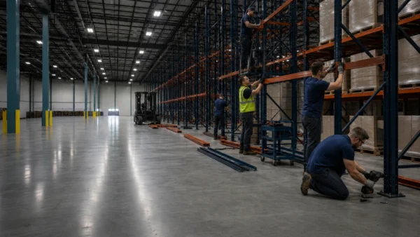 Flood Brothers crew assembling pallet racking in a Dallas-Fort Worth distribution warehouse