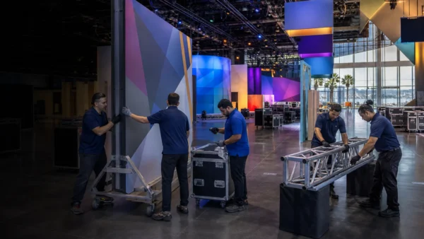Flood Brothers event logistics crew unloading production road cases at a venue loading dock