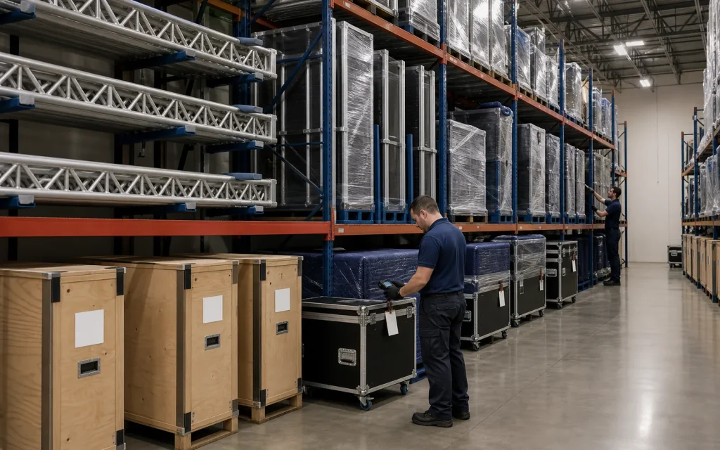 Wrapped trade show booths, road cases, and displays organized in Flood Brothers warehouse storage between events