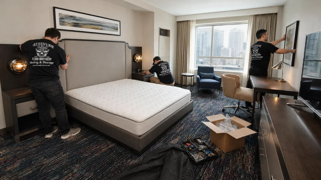 Flood Brothers crew installing furniture and artwork in a hotel guest room
