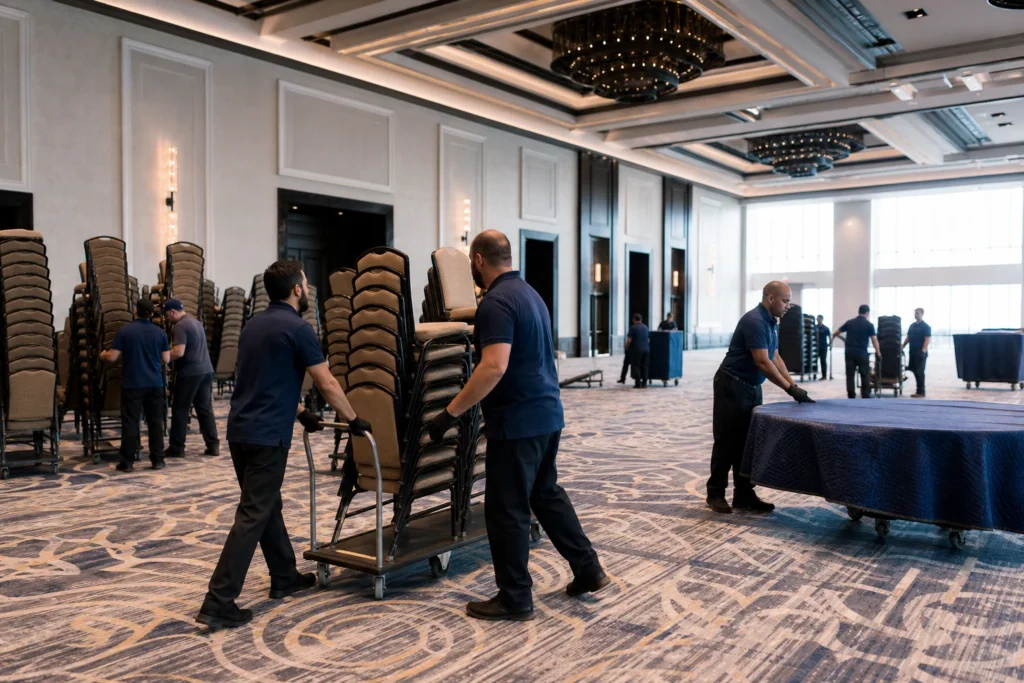 Crew resetting banquet tables and chairs in a Las Vegas ballroom