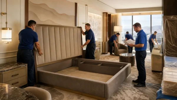 Flood Brothers crew installing guestroom furniture in a Las Vegas resort