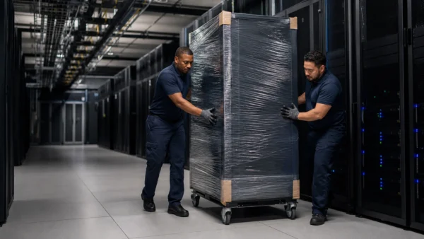 Technicians rolling a shrink-wrapped server rack down a data center cold aisle during a Memphis cutover
