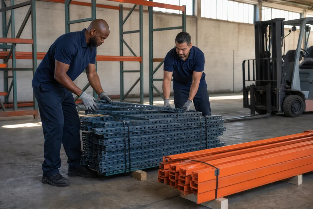 Workers bundling dismantled steel racking uprights and beams on an empty Memphis warehouse floor