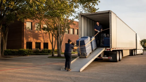 Flood Brothers crew loading office furniture into a semi trailer at a low-rise Memphis office building