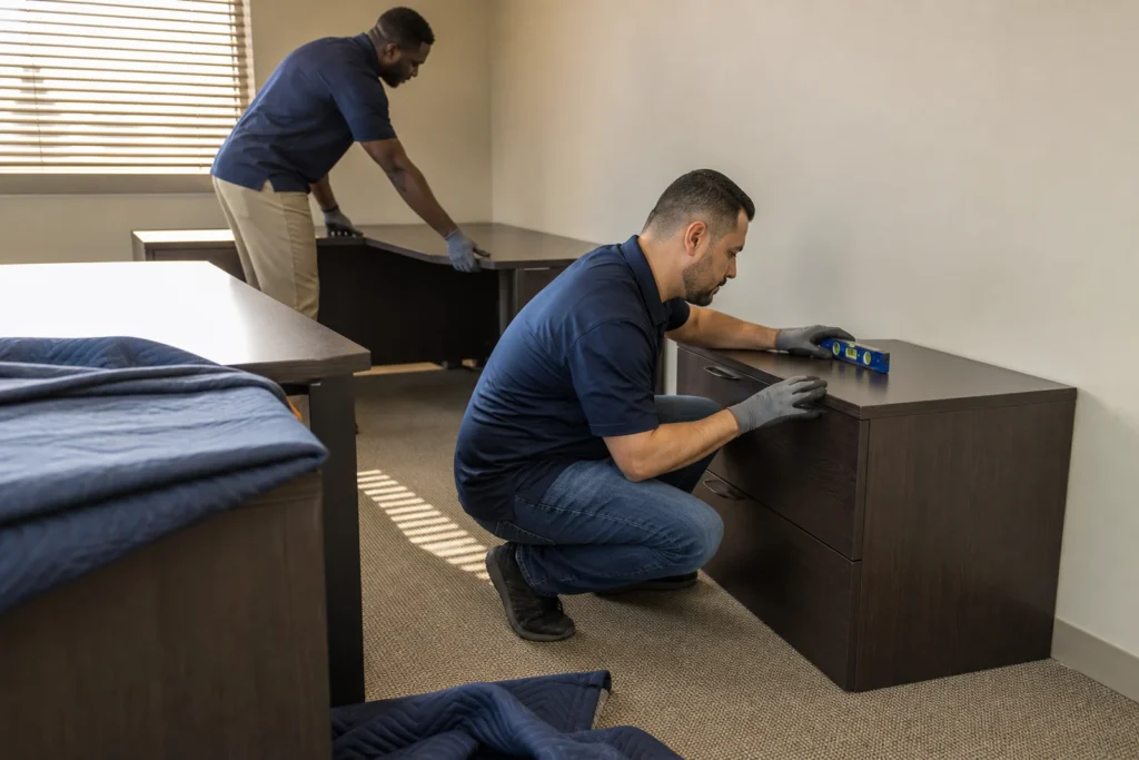 Installers rebuilding a private office interior during a Memphis office relocation