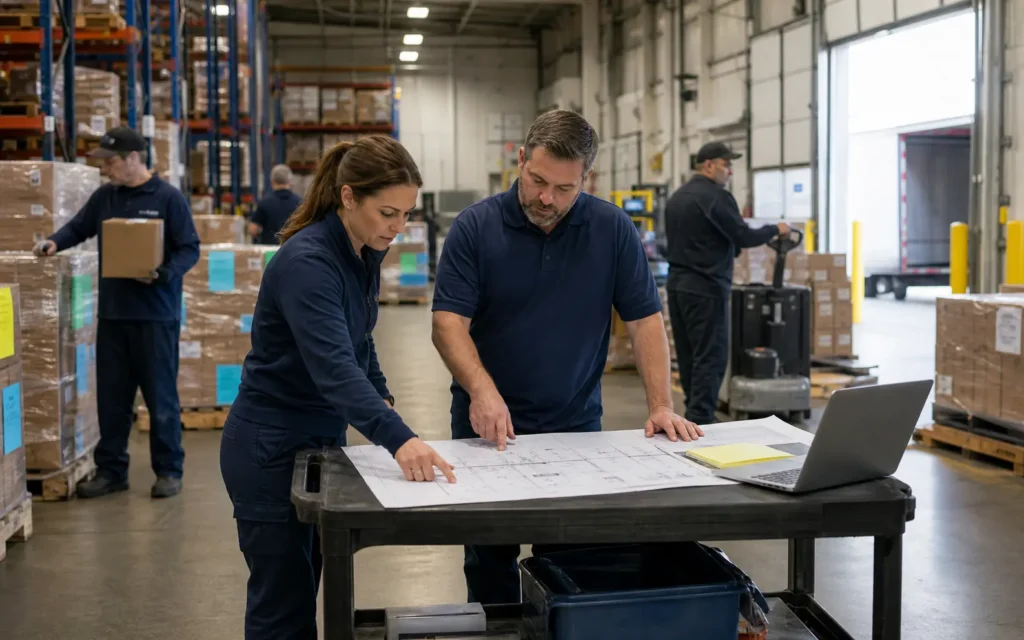 Project leaders planning phased inventory moves inside a Memphis distribution center