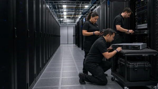 Data center technicians using anti-static handling to prepare rack-mounted servers for a Nashville relocation