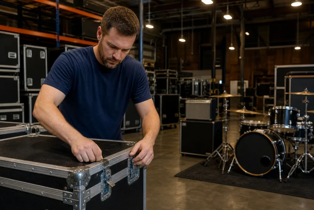 Flood Brothers crew loading cased instruments and backline outside a Nashville venue at night