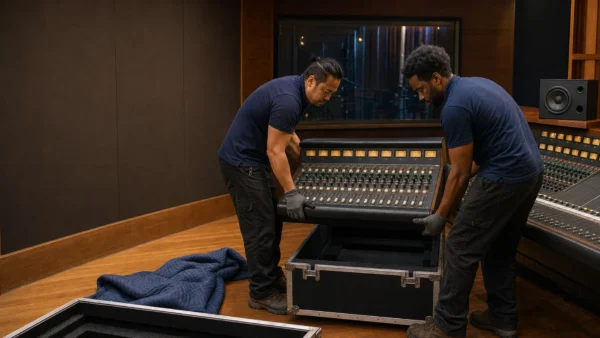 Movers carefully lifting a section of a large-format recording console in a Nashville studio control room